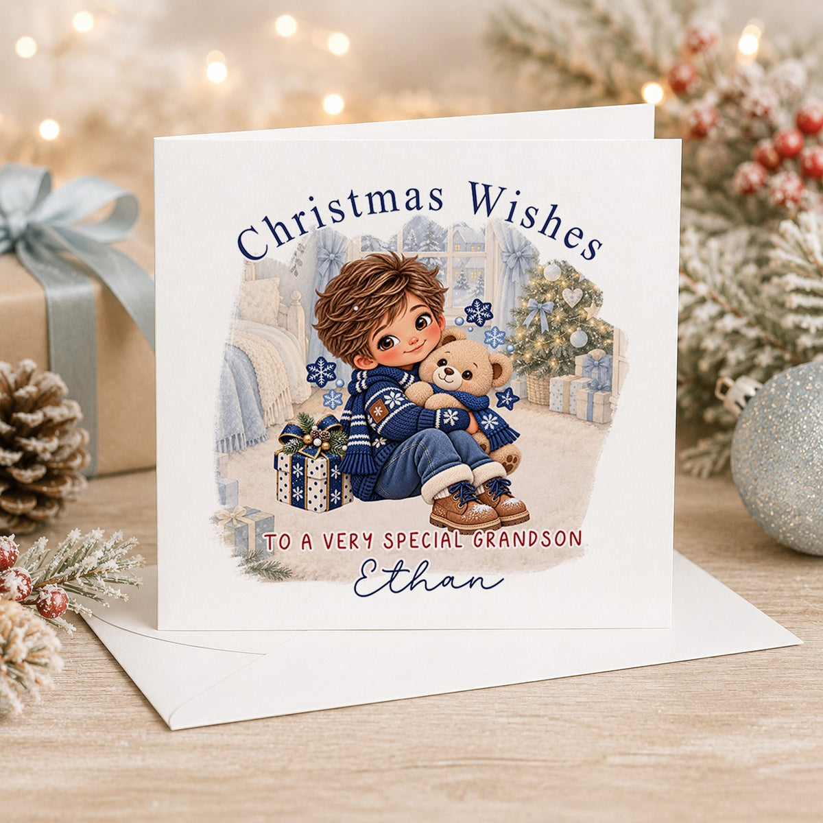 Personalised 6x6 Christmas Wishes card with a brown-haired boy in a navy snowflake jumper hugging his teddy bear by the tree, “To a very special grandson Ethan”