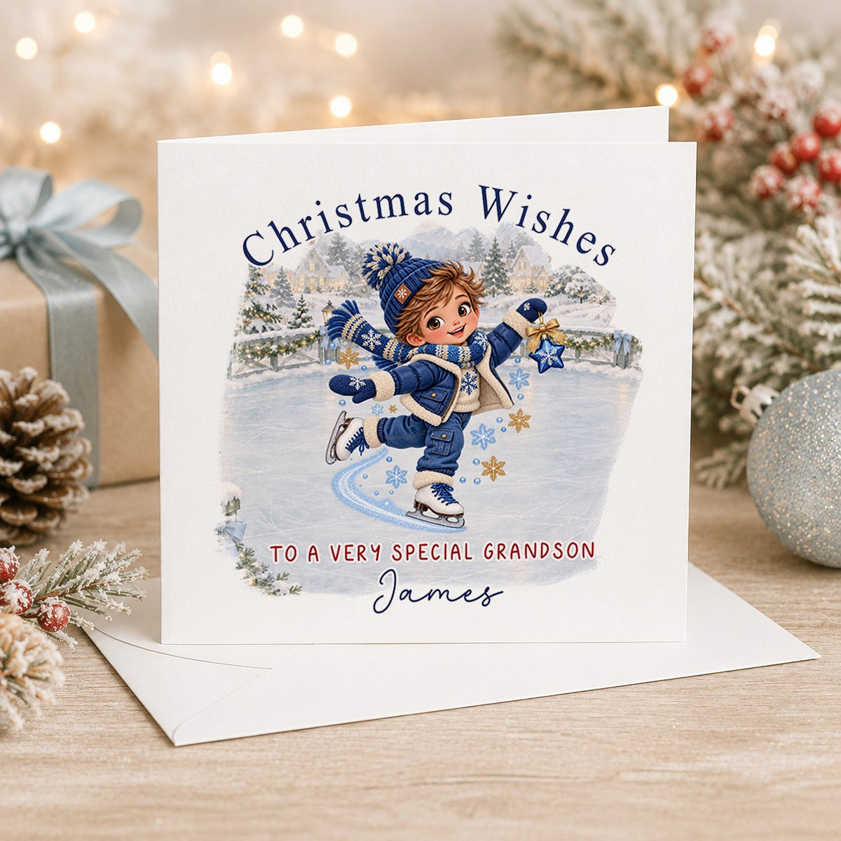 Personalised 6x6 Christmas Wishes card with a boy in a navy bobble hat ice skating on a frozen pond holding a blue star, “To a very special grandson James”