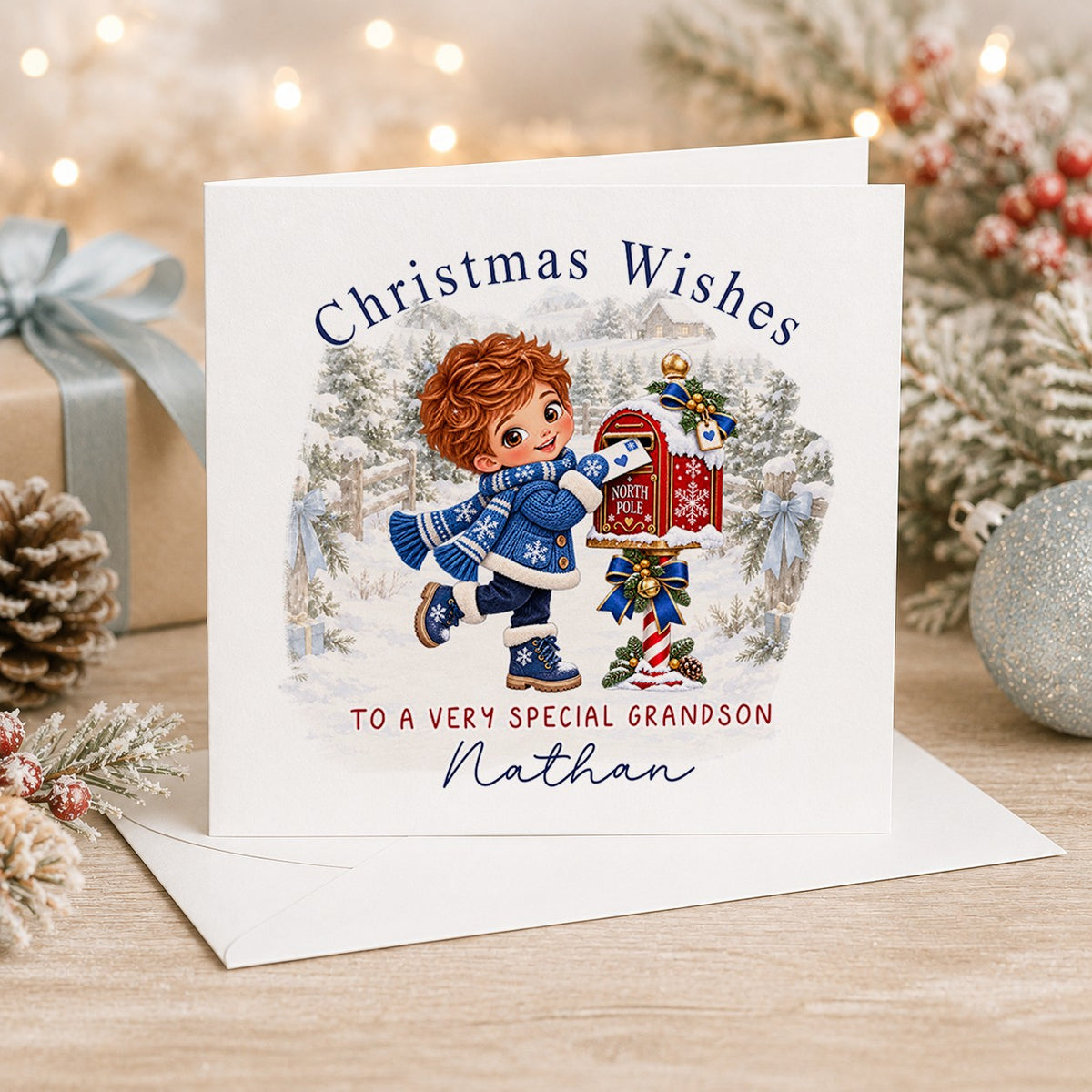 Personalised 6x6 Christmas Wishes card with a red-haired boy in a blue knitted coat posting a letter into a red North Pole postbox, “To a very special grandson Nathan”