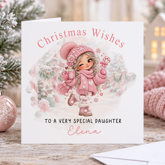 Personalised Christmas Card for Daughter – Girl with Candy Cane & Hot Chocolate, Any Relation