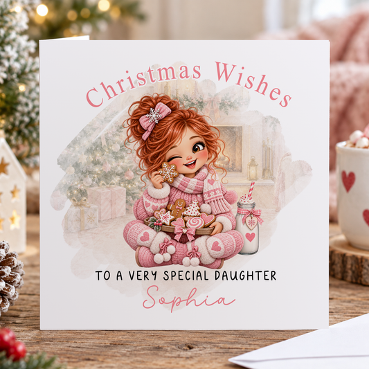 Personalised Christmas Card for Daughter – Girl with Gingerbread Cookies, Any Relation 6x6