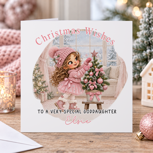Personalised Christmas Card for Goddaughter – Girl Decorating a Pink Tree, Any Relation 6x6