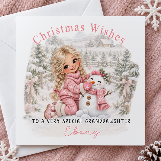 Personalised Christmas Card for Granddaughter – Girl Building a Snowman, Any Relation 6x6