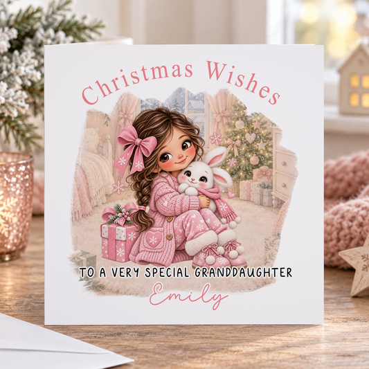 Personalised Christmas Card for Granddaughter – Girl Hugging a Bunny, Any Relation 6x6