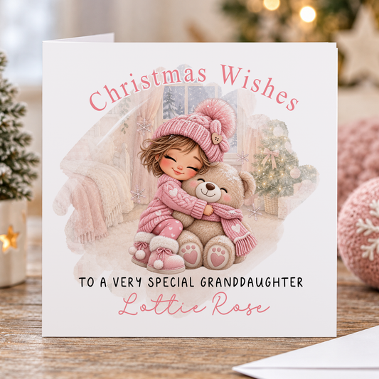 Personalised Christmas Card for Granddaughter – Girl Hugging Teddy Bear, Any Relation 6x6
