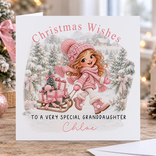 Personalised Christmas Card for Granddaughter – Girl Pulling a Sledge of Presents, Any Relation