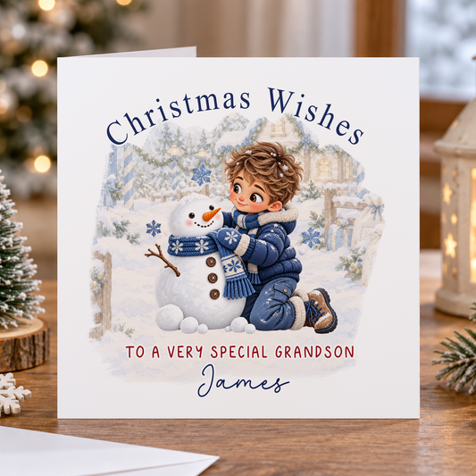 Personalised Christmas Card for Grandson – Boy Building a Snowman, Any Relation 6x6