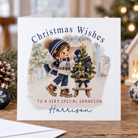Personalised Christmas Card for Grandson – Boy Decorating the Christmas Tree, Any Relation 6x6