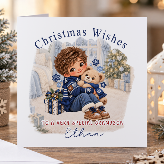 Personalised Christmas Card for Grandson – Boy Hugging Teddy Bear, Any Relation 6x6