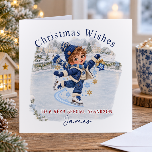 Personalised Christmas Card for Grandson – Boy Ice Skating, Any Relation 6x6