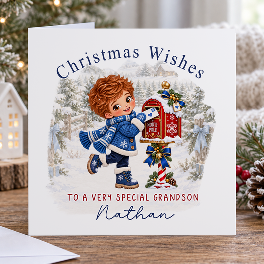 Personalised Christmas Card for Grandson – Boy Posting a Letter to the North Pole, Any Relation 6x6