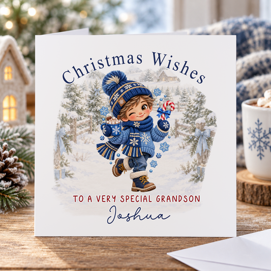 Personalised Christmas Card for Grandson – Boy with Hot Chocolate & Candy Cane, Any Relation 6x6