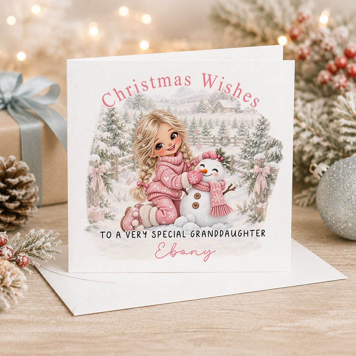 Personalised 6x6 Christmas Wishes card with a blonde girl in pink building a snowman, “To a very special granddaughter Ebony”