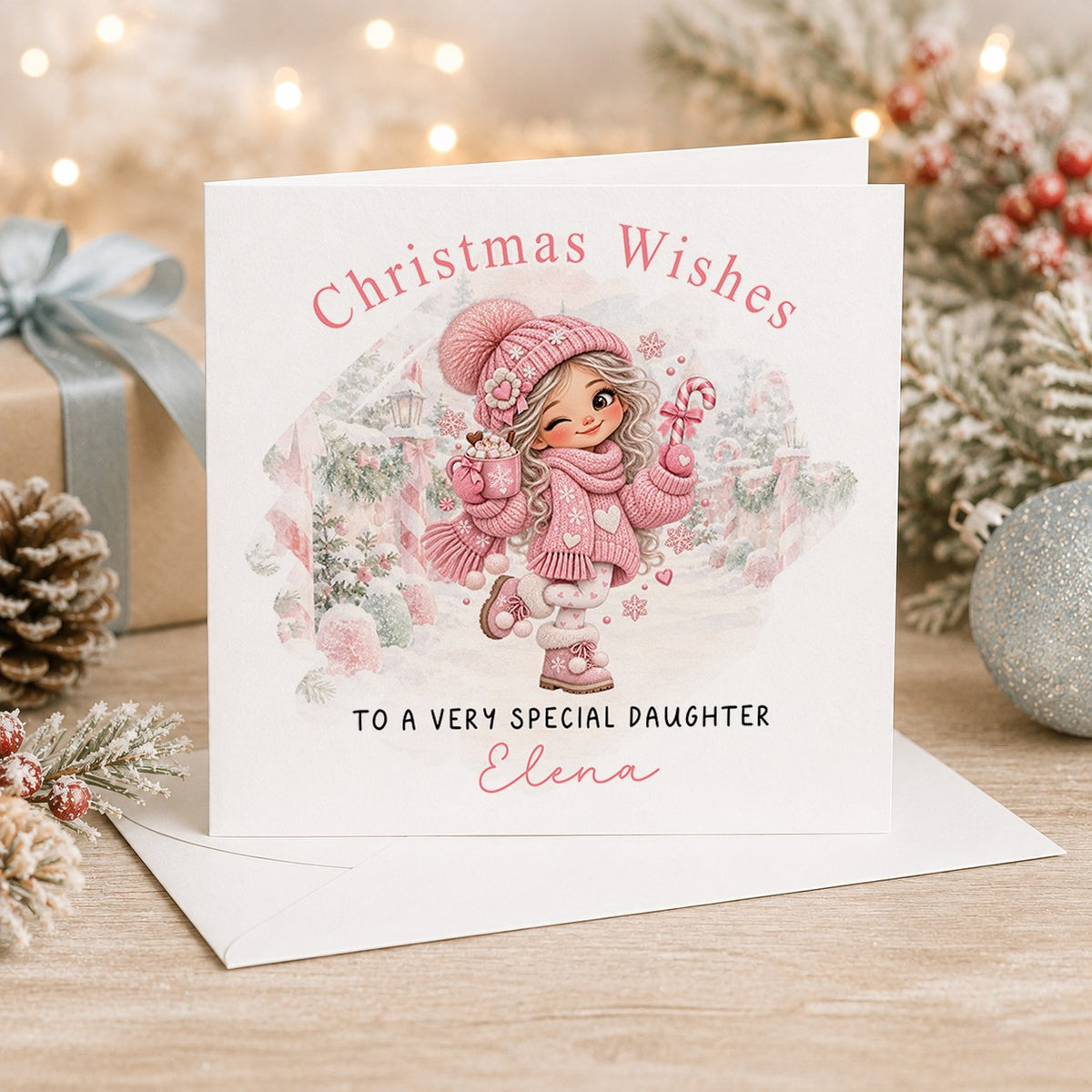 Personalised 6x6 Christmas Wishes card with a winking girl holding a candy cane and hot chocolate in a snowy street, “To a very special daughter Elena”
