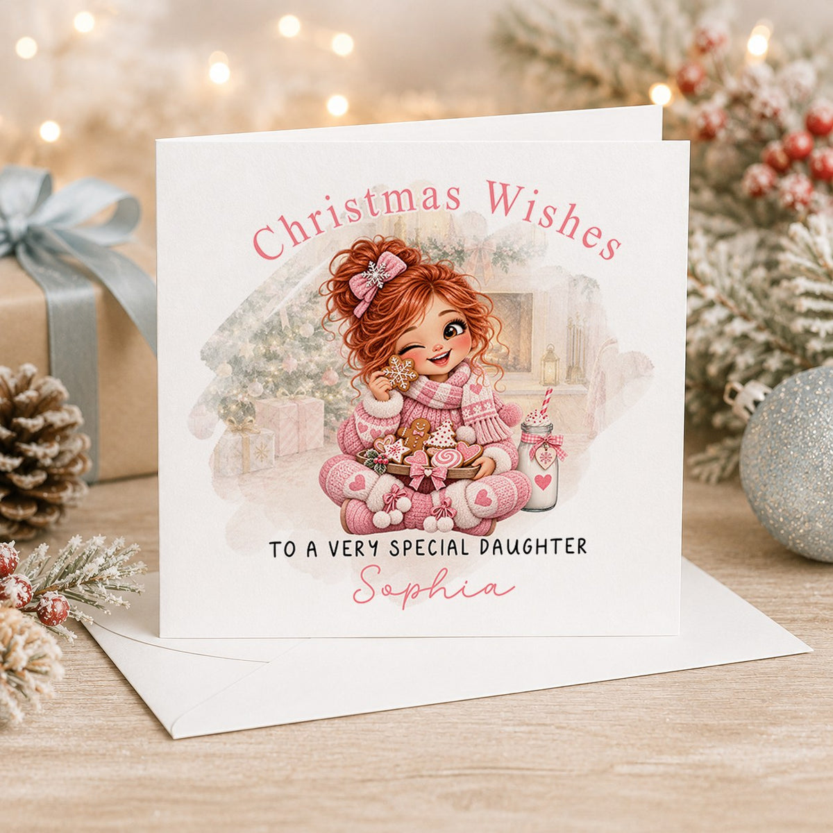 Personalised 6x6 Christmas Wishes card with a winking red-haired girl holding gingerbread cookies by the tree, “To a very special daughter Sophia”