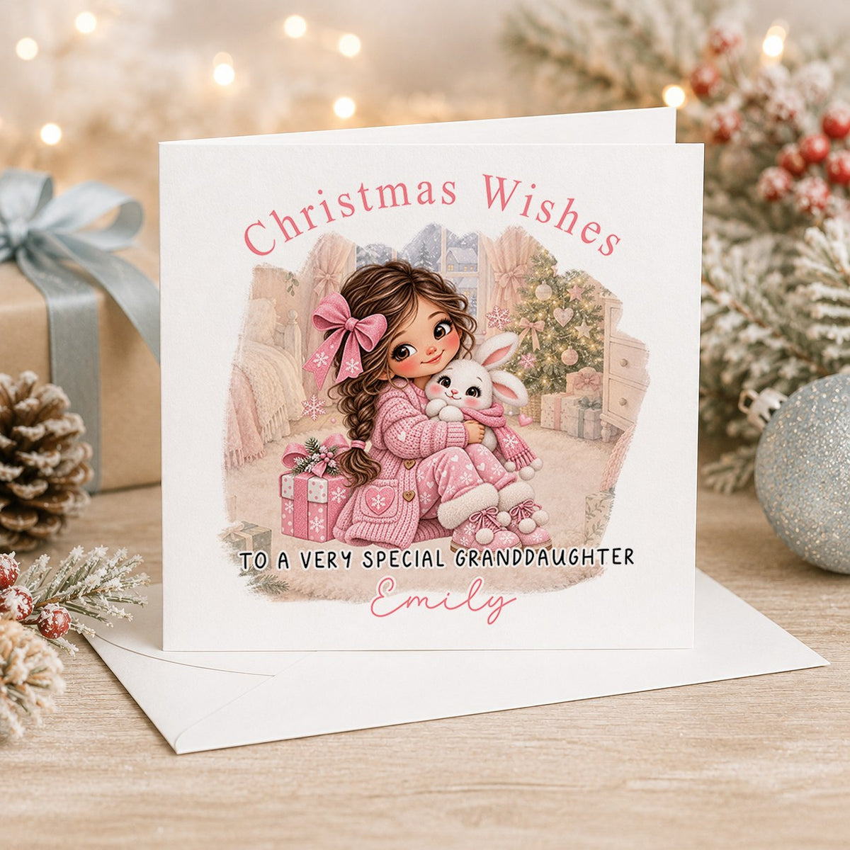 Personalised 6x6 Christmas Wishes card with a brown-haired girl in pink pyjamas hugging a white bunny, “To a very special granddaughter Emily”