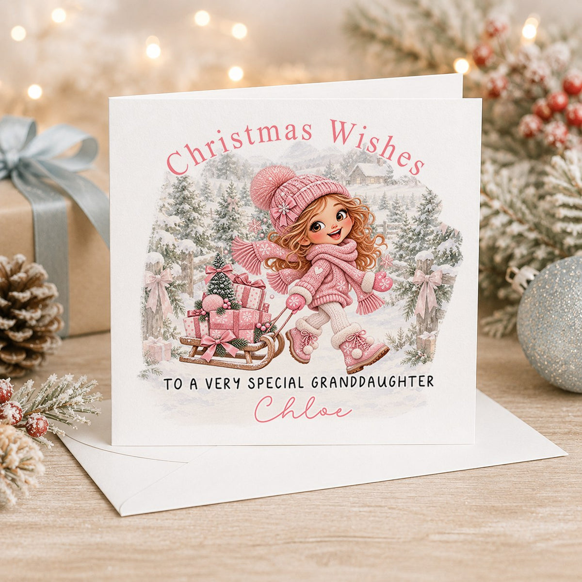 Personalised 6x6 Christmas Wishes card with a girl in pink pulling a sledge of presents through the snow, “To a very special granddaughter Chloe”