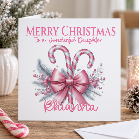 Personalised Christmas Card – Pink Bow & Candy Canes for Daughter, Any Relation 6x6