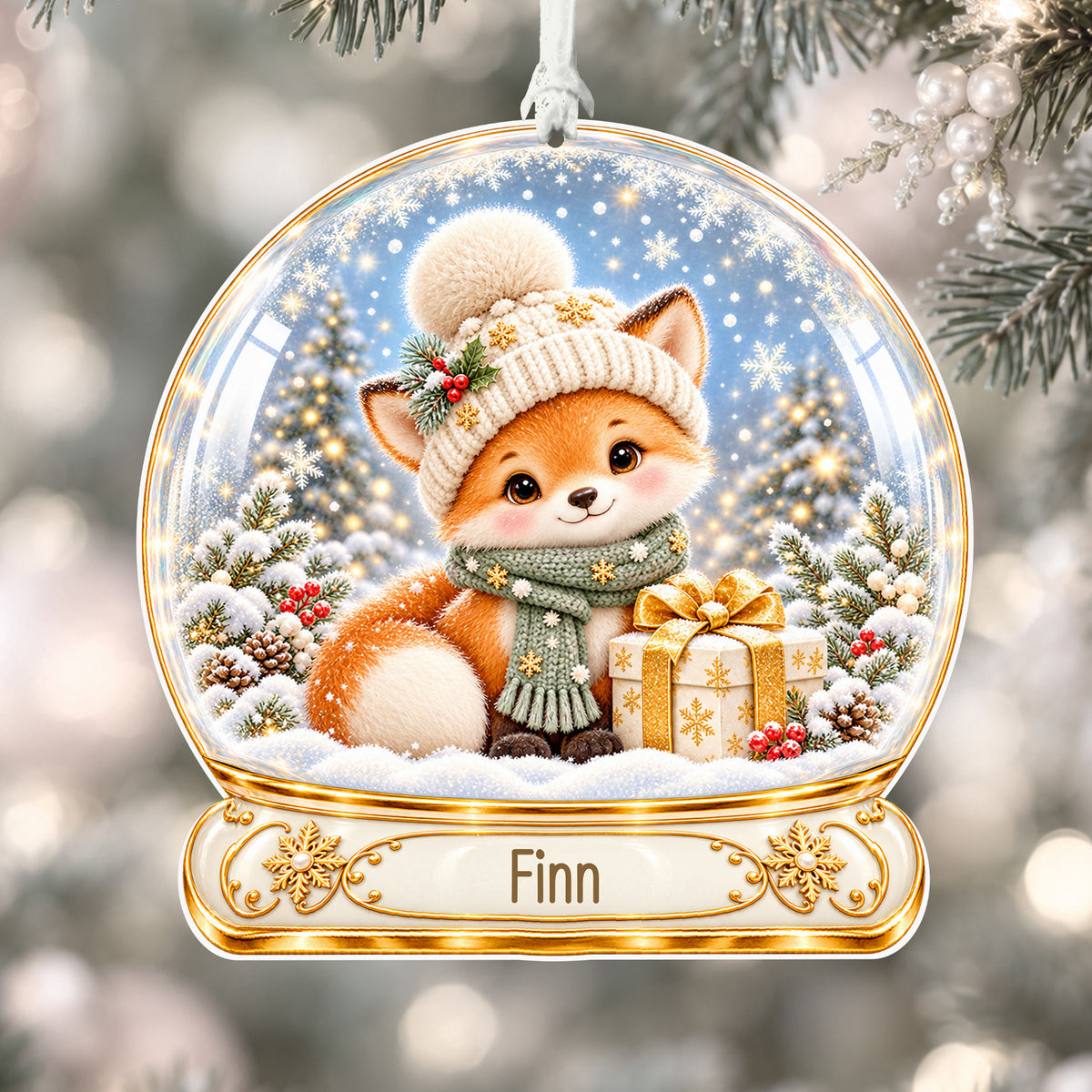 Personalised Christmas fox acrylic snow globe Christmas bauble with custom name, hanging on a Christmas tree with white ribbon