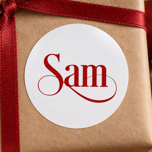 Personalised Christmas Gift Tags – Red Script Name Stickers, Glossy Round Labels 5cm