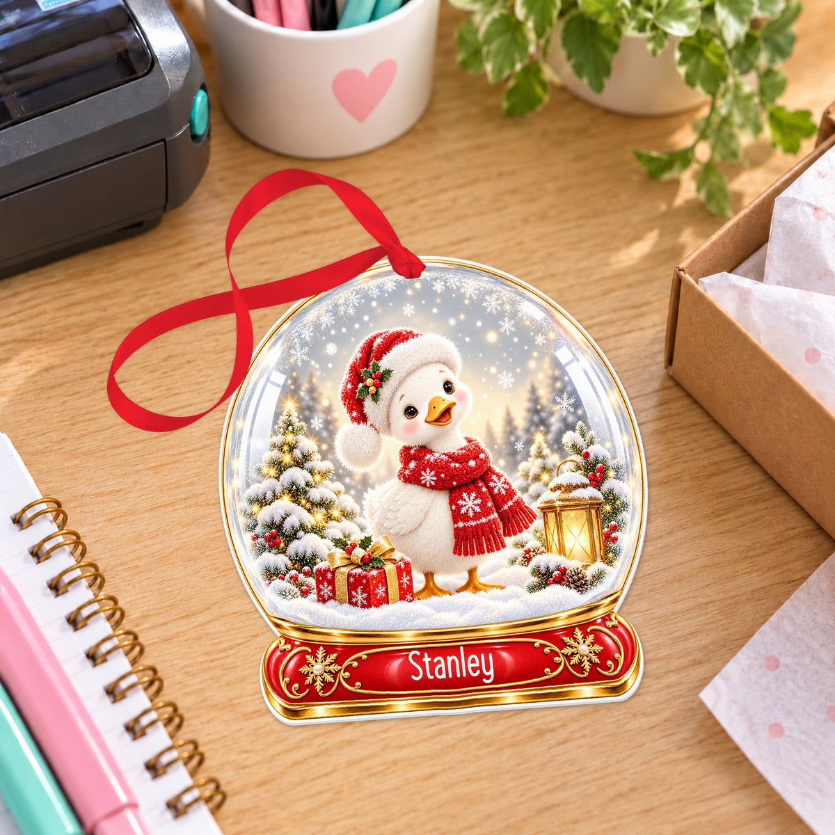 Personalised Christmas goose snow globe bauble with name, white acrylic Christmas decoration with ribbon, shown on a desk