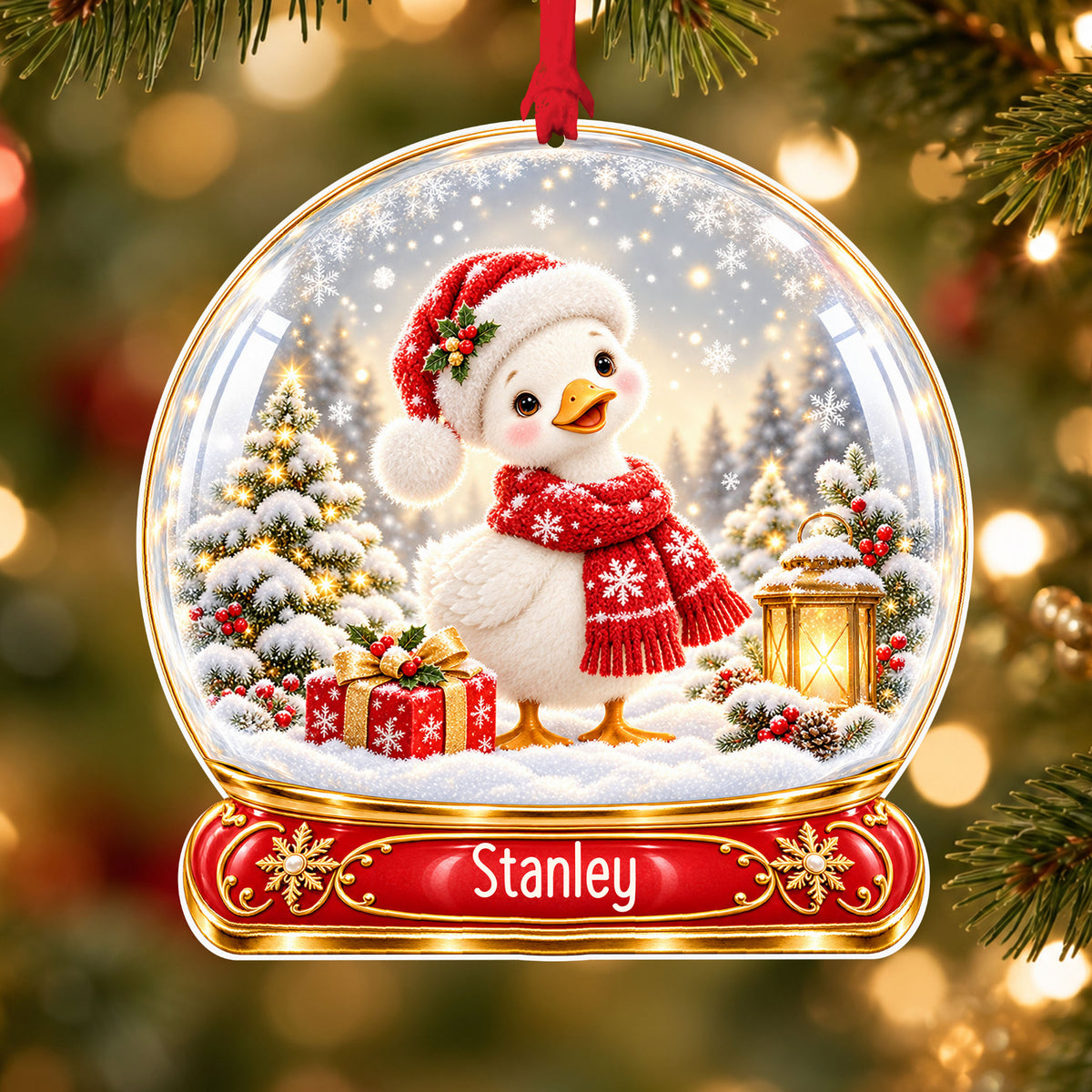 Personalised Christmas goose acrylic snow globe Christmas bauble with custom name, hanging on a Christmas tree with red ribbon