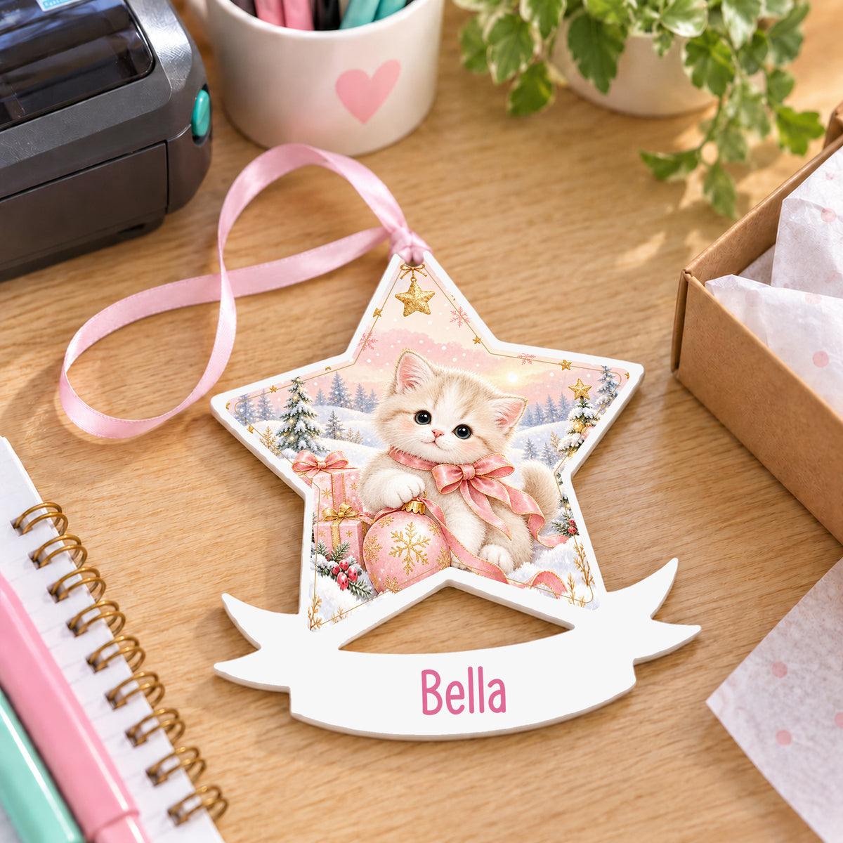 Personalised Christmas kitten white acrylic star bauble with name, 10cm Christmas decoration with ribbon, shown on a desk