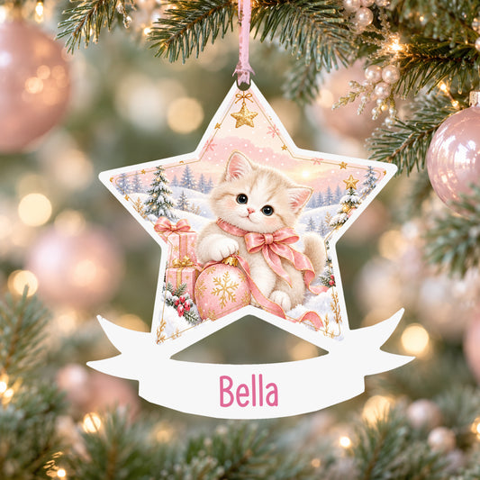 Personalised Christmas kitten acrylic star Christmas bauble with custom name, hanging on a Christmas tree with baby pink ribbon