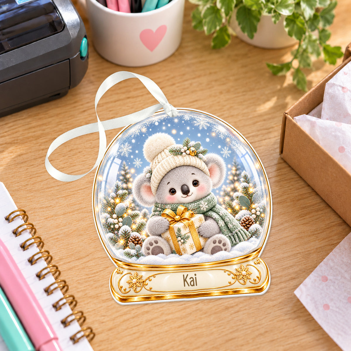Personalised Christmas koala snow globe bauble with name, white acrylic Christmas decoration with ribbon, shown on a desk