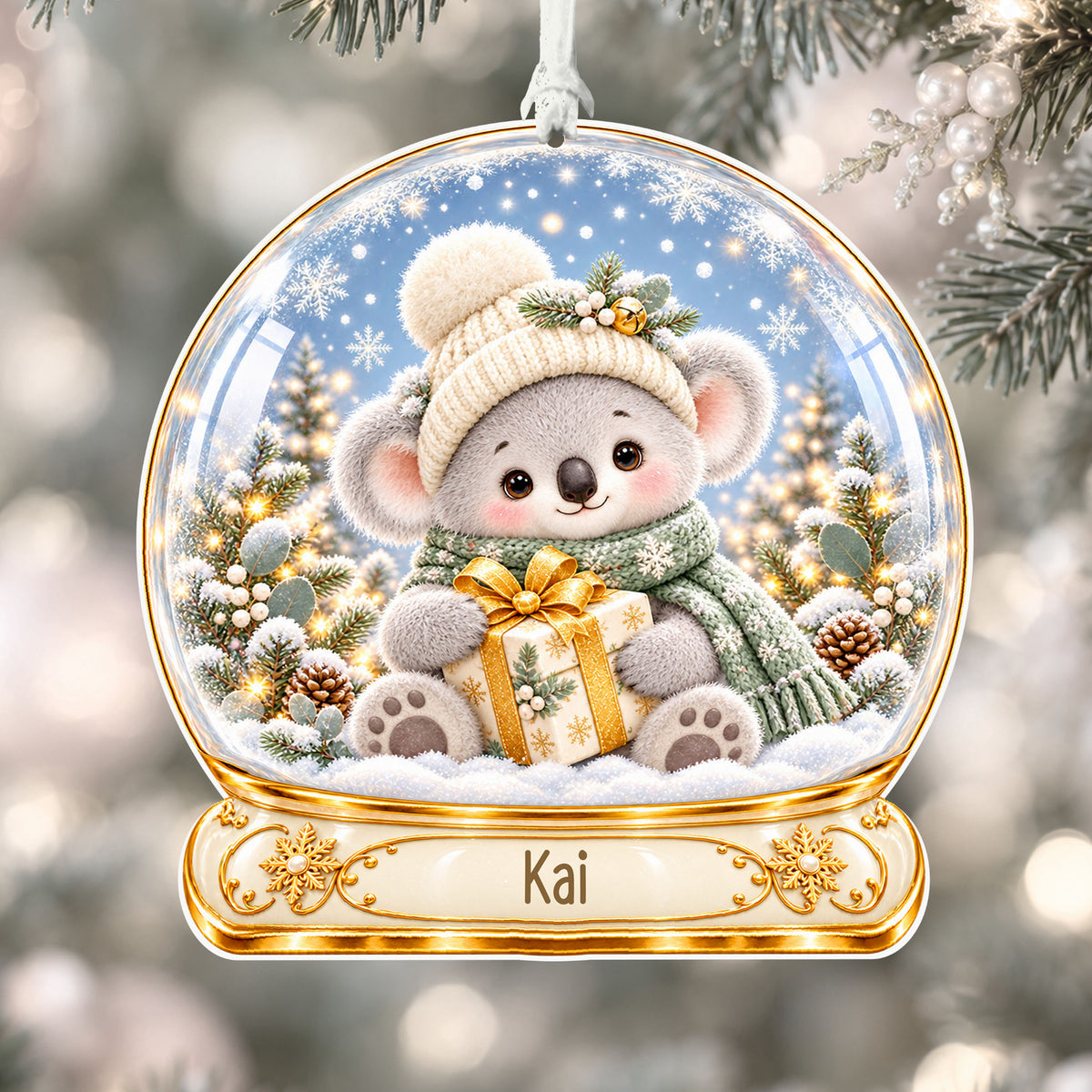 Personalised Christmas koala acrylic snow globe Christmas bauble with custom name, hanging on a Christmas tree with white ribbon