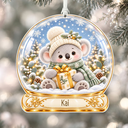 Personalised Christmas koala acrylic snow globe Christmas bauble with custom name, hanging on a Christmas tree with white ribbon