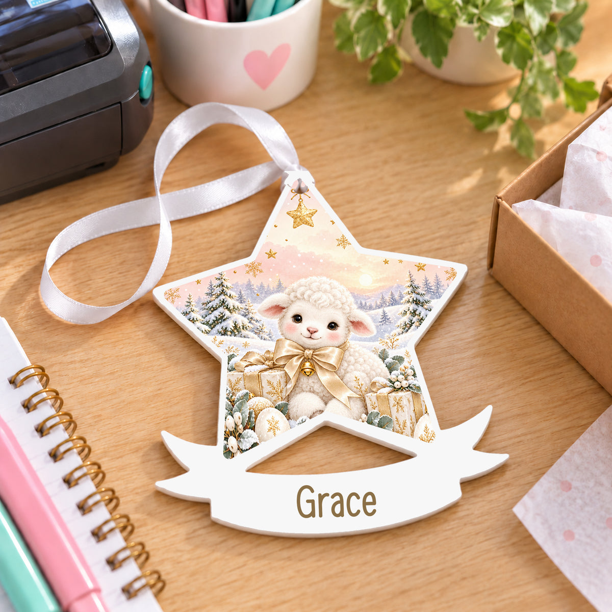 Personalised Christmas lamb white acrylic star bauble with name, 10cm Christmas decoration with ribbon, shown on a desk