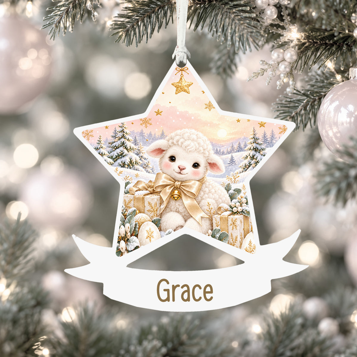 Personalised Christmas lamb acrylic star Christmas bauble with custom name, hanging on a Christmas tree with white ribbon
