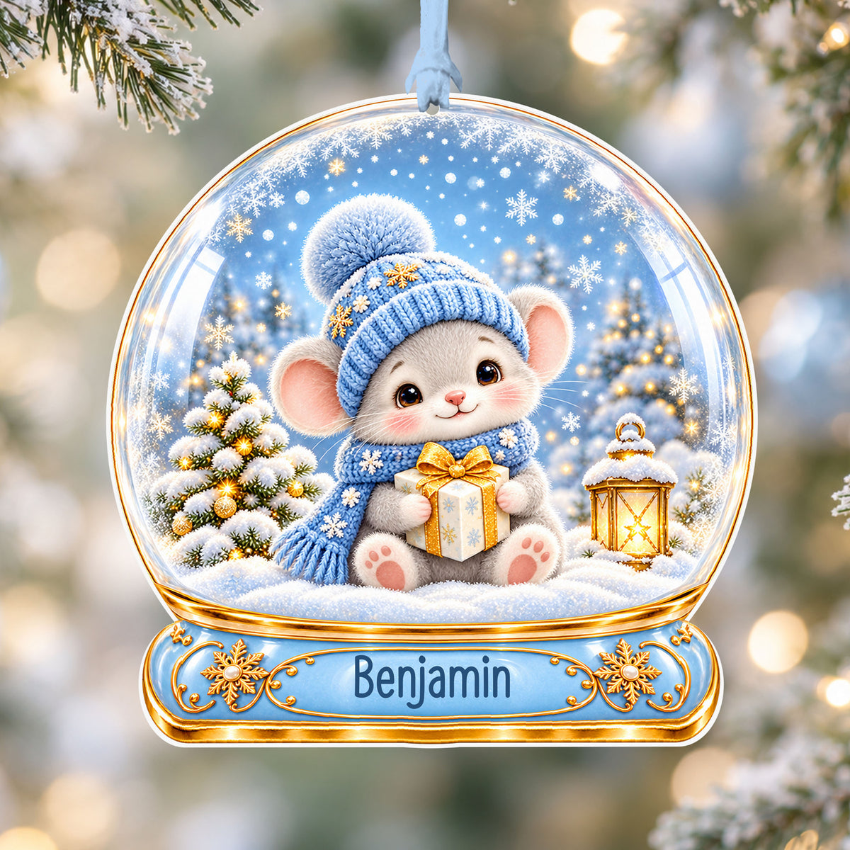 Personalised Christmas mouse acrylic snow globe Christmas bauble with custom name, hanging on a Christmas tree with baby blue ribbon