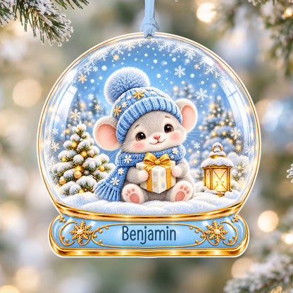 Personalised Christmas mouse acrylic snow globe Christmas bauble with custom name, hanging on a Christmas tree with baby blue ribbon