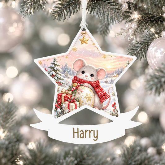 Personalised Christmas mouse acrylic star Christmas bauble with custom name, hanging on a Christmas tree with white ribbon