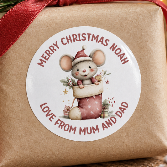 Personalised Christmas Mouse Stickers – Cosy Festive Round Glossy Gift Labels, Custom Name
