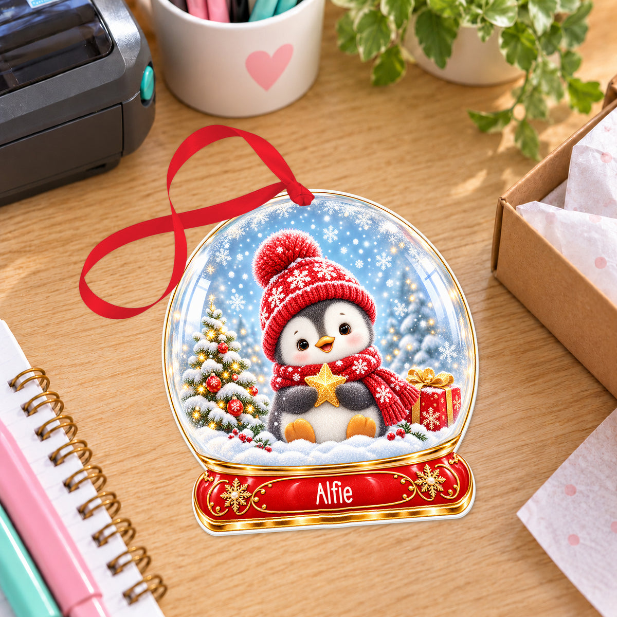 Personalised Christmas penguin snow globe bauble with name, white acrylic Christmas decoration with ribbon, shown on a desk