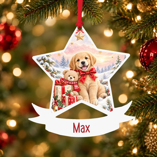 Personalised Christmas puppy acrylic star Christmas bauble with custom name, hanging on a Christmas tree with red ribbon