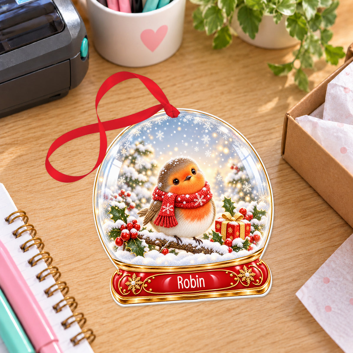 Personalised Christmas robin snow globe bauble with name, white acrylic Christmas decoration with ribbon, shown on a desk