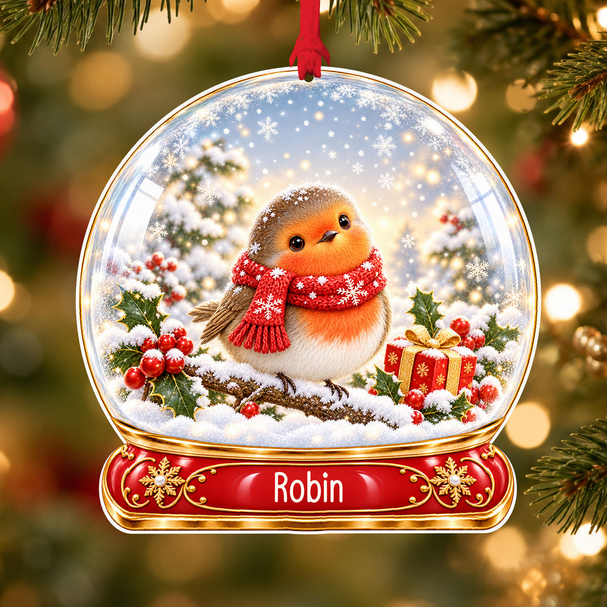 Personalised Christmas robin acrylic snow globe Christmas bauble with custom name, hanging on a Christmas tree with red ribbon