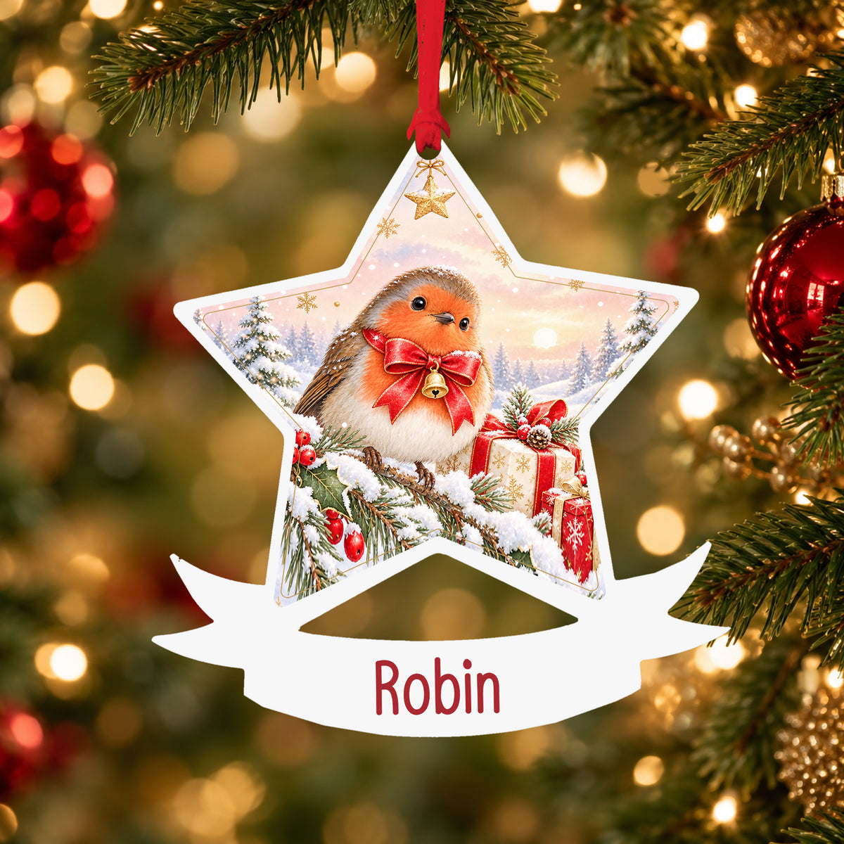 Personalised Christmas robin acrylic star Christmas bauble with custom name, hanging on a Christmas tree with red ribbon