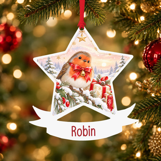 Personalised Christmas robin acrylic star Christmas bauble with custom name, hanging on a Christmas tree with red ribbon