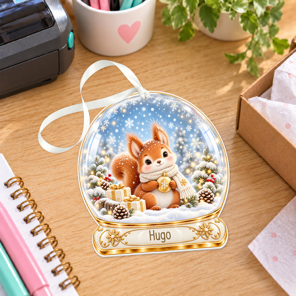 Personalised Christmas squirrel snow globe bauble with name, white acrylic Christmas decoration with ribbon, shown on a desk
