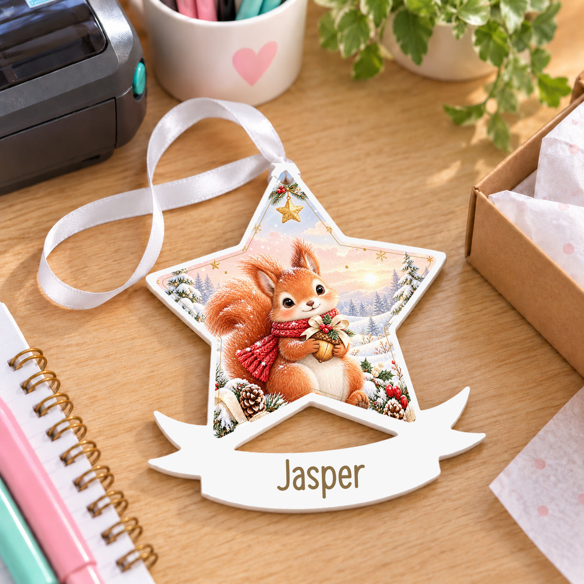 Personalised Christmas squirrel white acrylic star bauble with name, 10cm Christmas decoration with ribbon, shown on a desk