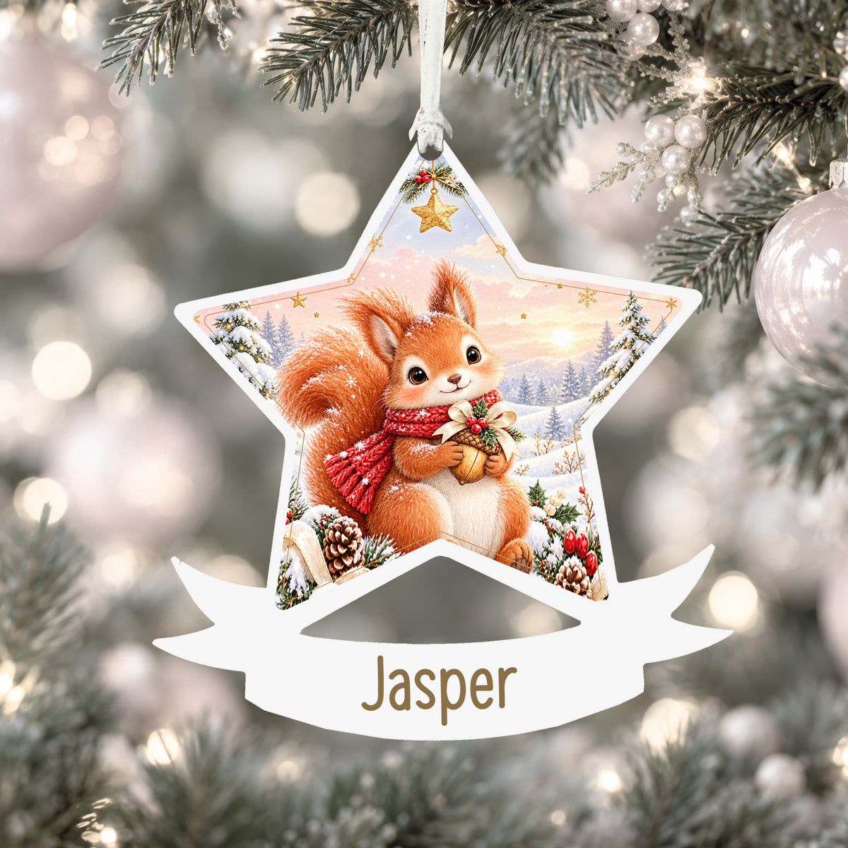 Personalised Christmas squirrel acrylic star Christmas bauble with custom name, hanging on a Christmas tree with white ribbon