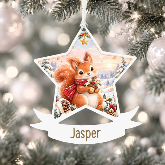 Personalised Christmas squirrel acrylic star Christmas bauble with custom name, hanging on a Christmas tree with white ribbon