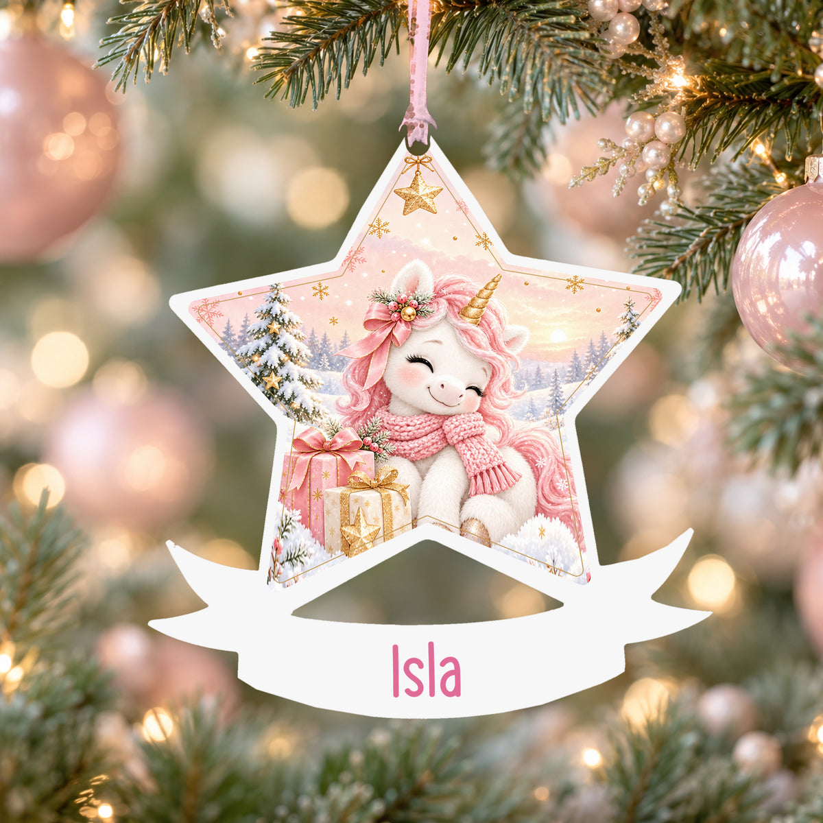 Personalised Christmas unicorn acrylic star Christmas bauble with custom name, hanging on a Christmas tree with baby pink ribbon