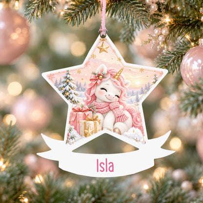 Personalised Christmas unicorn acrylic star Christmas bauble with custom name, hanging on a Christmas tree with baby pink ribbon