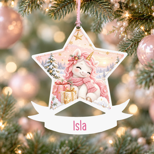 Personalised Christmas unicorn acrylic star Christmas bauble with custom name, hanging on a Christmas tree with baby pink ribbon